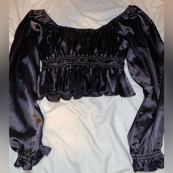 ALTAR’D State Black Sandi Satin Top with Cuffed Sleeves and Open Neckline - Picture 7 of 9